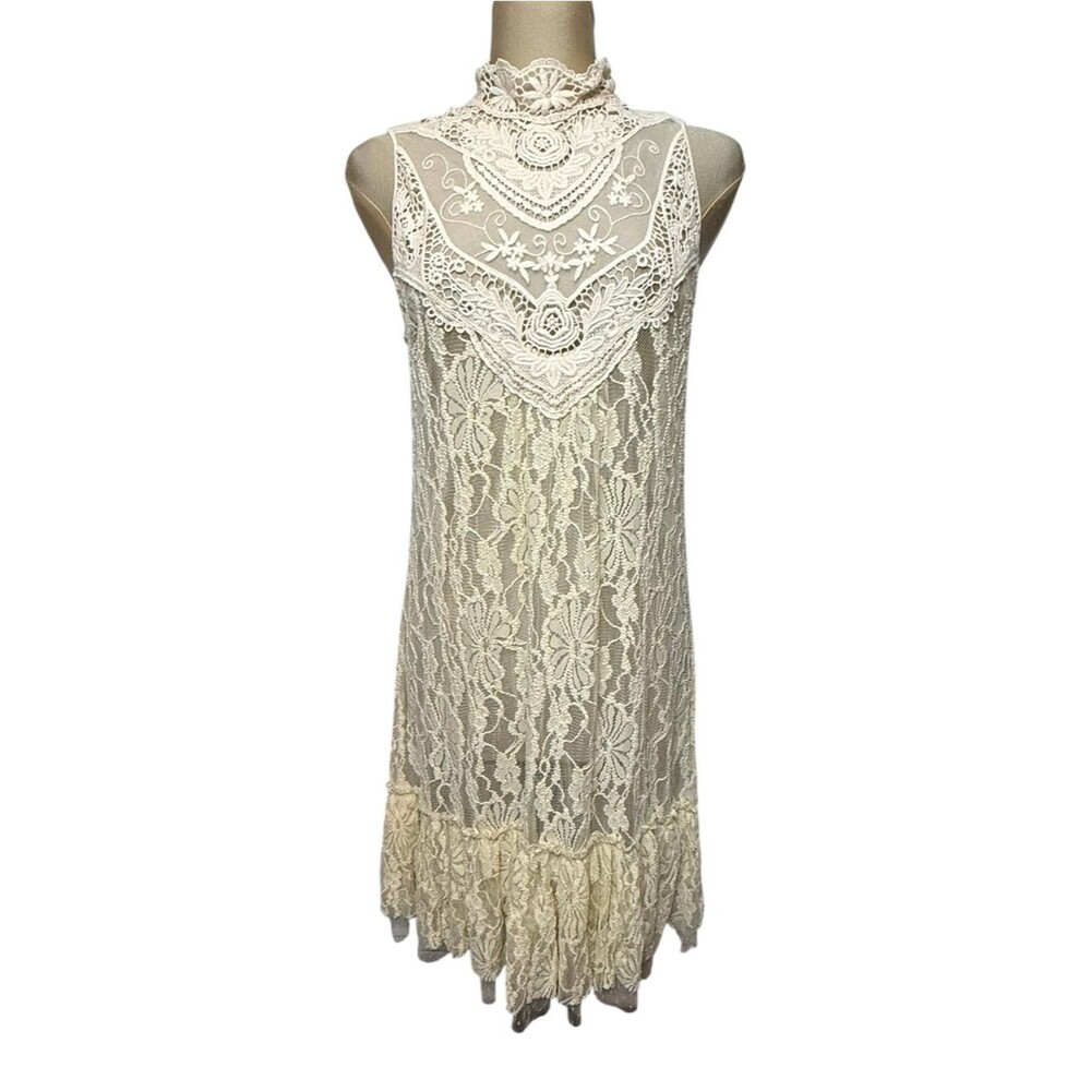A’Reve Cottagecore Lace Mini Dress Ivory High Neck Coquette M